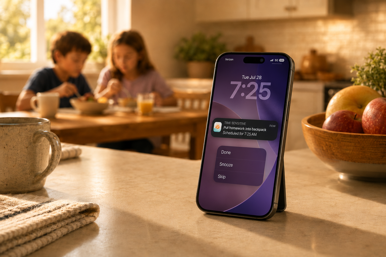 iPhone on kitchen counter showing a Time Sensitive notification with Done, Snooze, Skip actions while kids eat breakfast in the background
