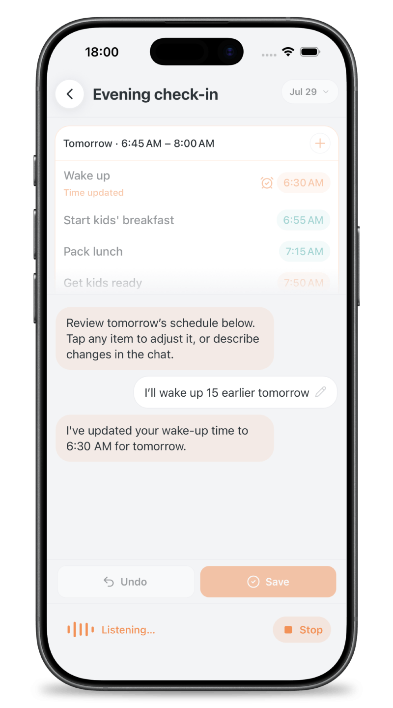 iPhone showing AM Ready’s Evening check-in screen with a revised wake-up time for tomorrow