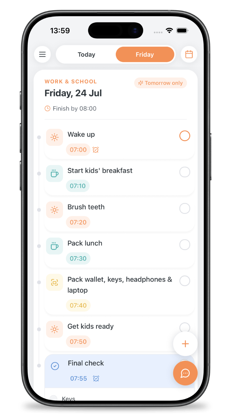 iPhone showing AM Ready morning timeline with steps from Wake up to Final check